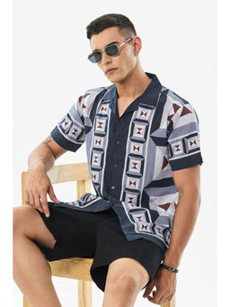 Snitch - Navy Blue Geometric Half Sleeves Boxy Casual Shirt