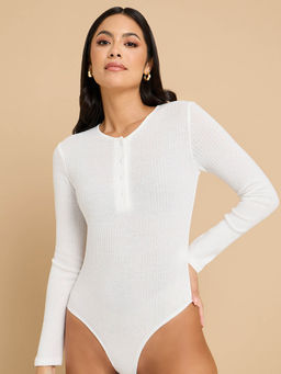 Styli - Ribbed Half Button Fitted Bodysuit White