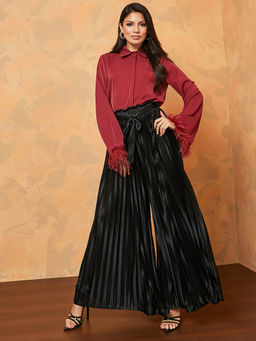 Styli - Pleated High Waist Wide Leg Palazzo Trousers Black (Set of 2)