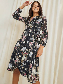 Styli - Lurex Satin Floral Wrap Knee Length Dress Black