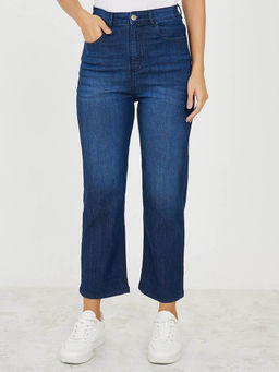 Styli - Mid Rise Straight Leg Cropped Jeans Navy Blue