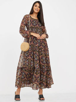 Styli - Printed Smocked Detail Maxi Dress Brown