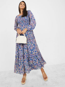 Styli - Printed Smocked Detail Tiered Maxi Dress Blue