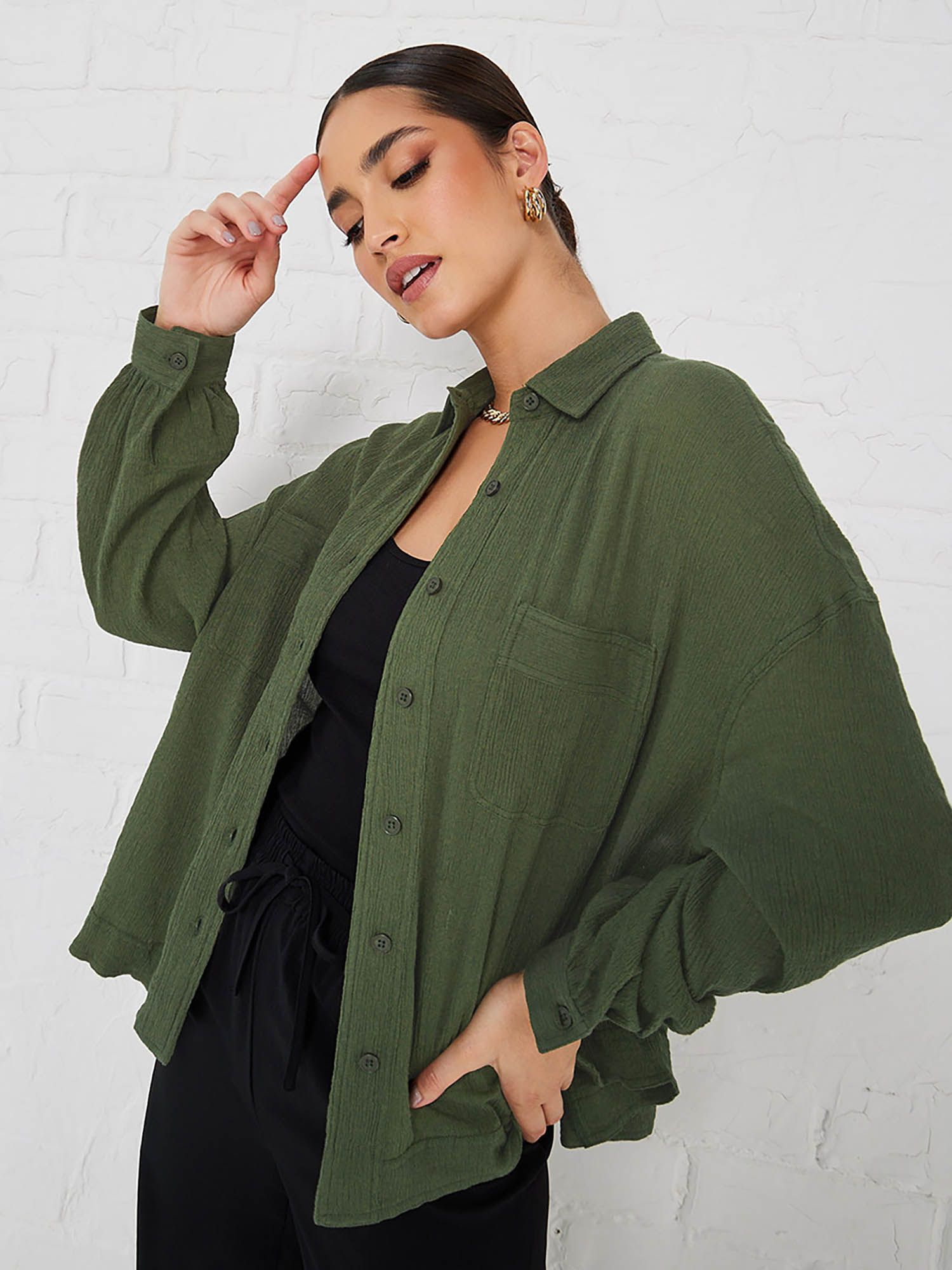 styli Drop Shoulder Crepe Oversized Patch Pocket Shirt Khaki-picture-12