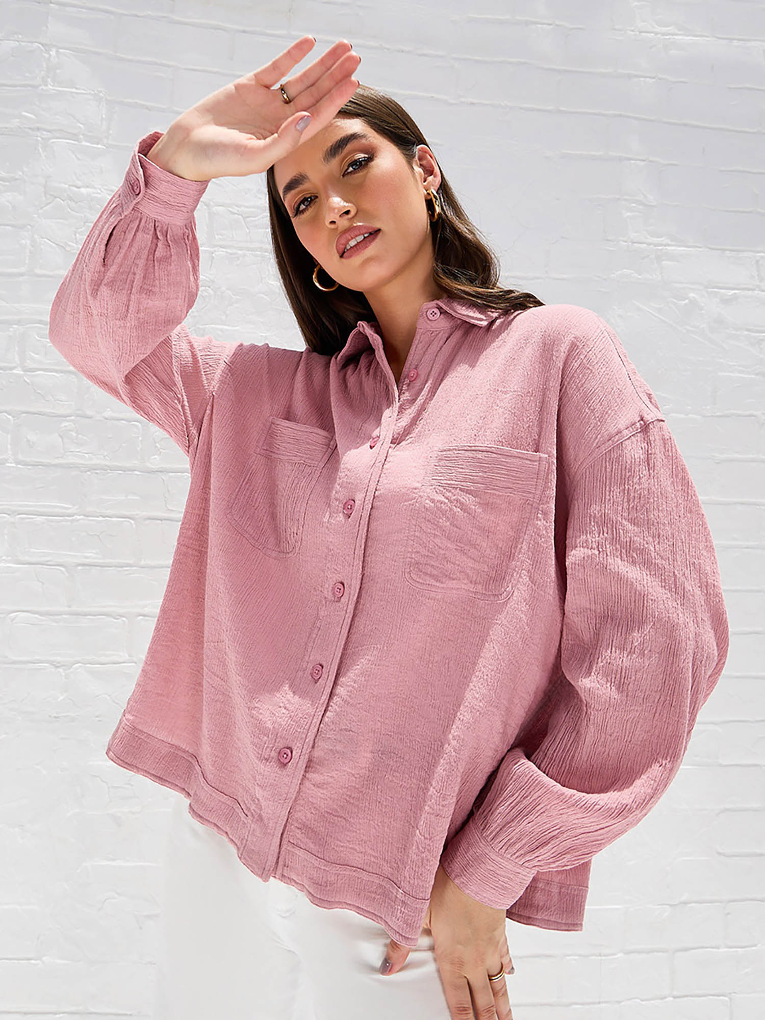 styli Drop Shoulder Crepe Oversized Patch Pocket Shirt Pink-picture-19