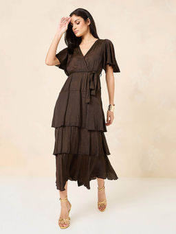 Styli - Wrap Front Tie Detail Tiered Midi Dress Brown (Set of 2)