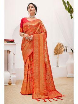 EXCLUSIVA - Orange Kanjivaram Silk Saree with Unstitched