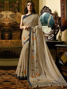 Shaily - Beige Embroidered Bollywood Saree with Unstitched Blouse