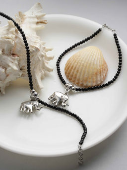 PANASH - Silver-Plated Black Beaded Elephant Shaped Handcrafted Anklets