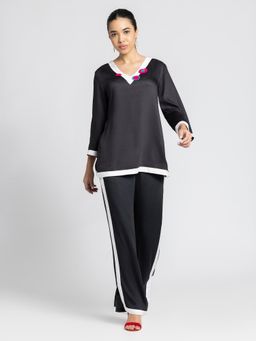 SHAYE - Black Crochet Embroidered Satin Casual Co-Ord Set (Set of 2)