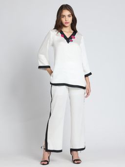 SHAYE - White Crochet Embroidered Satin Casual Co-Ord Set (Set of 2)