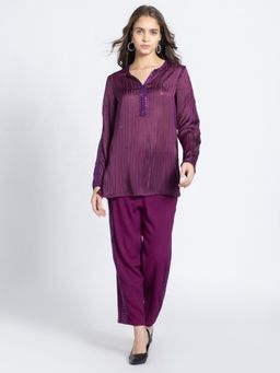 SHAYE - Wine Satin Self Stripe Festive Co-Ord Set (Set of 2)