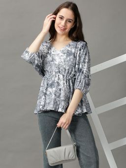 SHOWOFFFF - Womens Three Quarter Sleeves V-neck Grey Printed Top