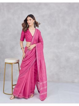Fabindia - Pink Cotton Silk Embroidered Saree with Unstitched Blouse