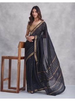 Fabindia - Black Cotton Silk Embroidered Saree with Unstitched Blouse