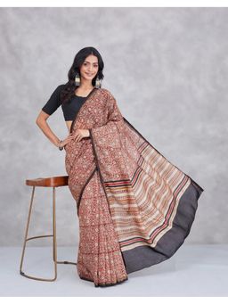 Fabindia - Red Cotton Silk Floral Saree with Unstitched Blouse