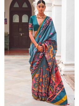 Mysilklove - Orange Silk Blend Abstract Saree with Unstitched Blouse