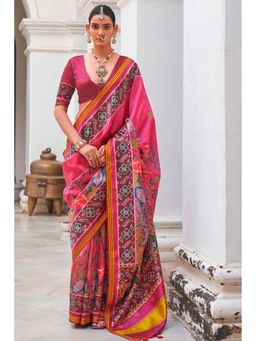 Mysilklove - Pink Silk Blend Abstract Saree with Unstitched Blouse
