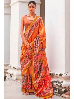 Mysilklove - Orange Silk Blend Abstract Saree with Unstitched Blouse