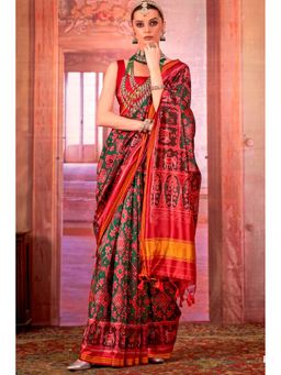 Mysilklove - Green Silk Blend Abstract Saree with Unstitched Blouse