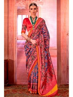 Mysilklove - Blue Silk Blend Abstract Saree with Unstitched Blouse
