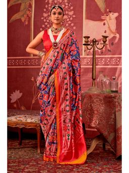 Mysilklove - Blue Silk Blend Abstract Saree with Unstitched Blouse