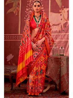 Mysilklove - Orange Silk Blend Abstract Saree with Unstitched Blouse