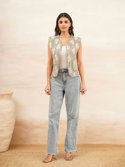 GOODHAND - Cotton Block Printed Green Quilted Jacket