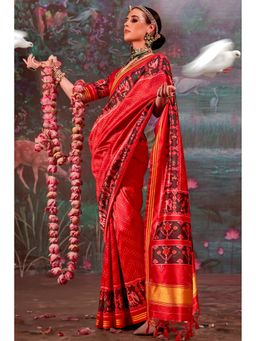 Mysilklove - Red Silk Blend Abstract Saree with Unstitched Blouse