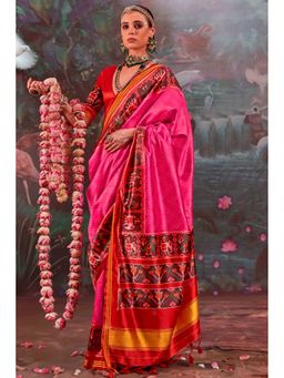 Mysilklove - Pink Silk Blend Abstract Saree with Unstitched Blouse