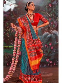 Mysilklove - Blue Silk Blend Abstract Saree with Unstitched Blouse