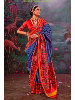 Mysilklove - Blue Silk Blend Abstract Saree with Unstitched Blouse