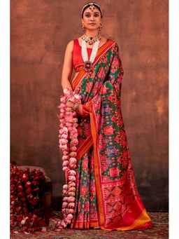 Mysilklove - Green Silk Blend Abstract Saree with Unstitched Blouse