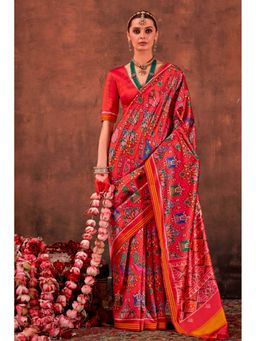 Mysilklove - Red Silk Blend Abstract Saree with Unstitched Blouse