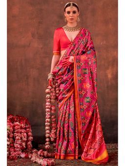 Mysilklove - Pink Silk Blend Abstract Saree with Unstitched Blouse
