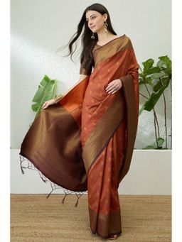Mysilklove - Brown Banarasi Woven Saree with Unstitched Blouse