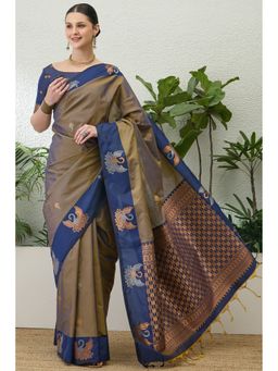 Mysilklove - Grey Banarasi Woven Saree with Unstitched Blouse