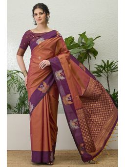 Mysilklove - Brown Banarasi Woven Saree with Unstitched Blouse