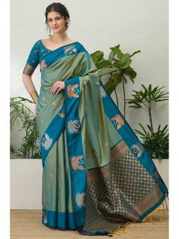 Mysilklove - Green Banarasi Woven Saree with Unstitched Blouse