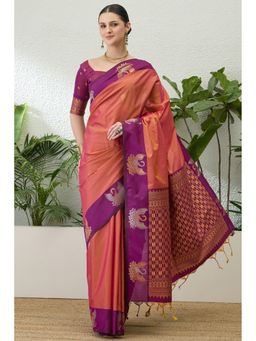 Mysilklove - Orange Banarasi Woven Saree with Unstitched Blouse