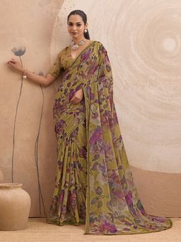 Sedora Couture - Mustard Georgette Floral Saree with Unstitched Blouse