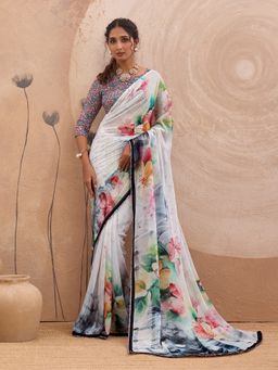 Sedora Couture - White Georgette Floral Saree with Unstitched Blouse