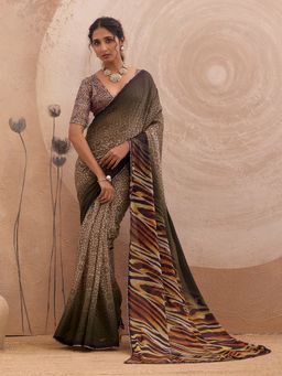 Sedora Couture - Brown Georgette Floral Saree with Unstitched Blouse