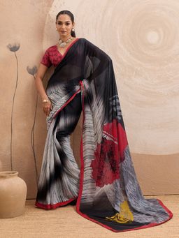 Sedora Couture - White Georgette Abstract Saree with Unstitched Blouse