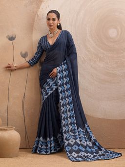 Sedora Couture - Navy Blue Georgette Geometric Saree with Unstitched Blouse