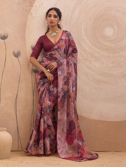 Sedora Couture - Maroon Georgette Floral Saree with Unstitched Blouse