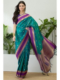 Mysilklove - Blue Banarasi Woven Saree with Unstitched Blouse