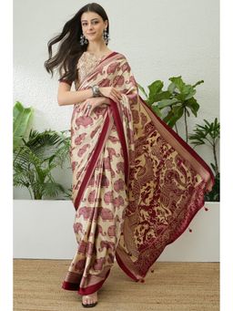 Mysilklove - Cream Satin Animal Print Saree with Unstitched Blouse