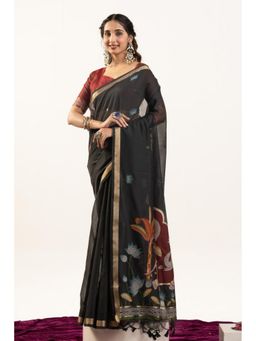Mysilklove - Black Cotton Woven Saree with Unstitched Blouse