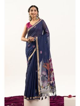 Mysilklove - Blue Cotton Woven Saree with Unstitched Blouse